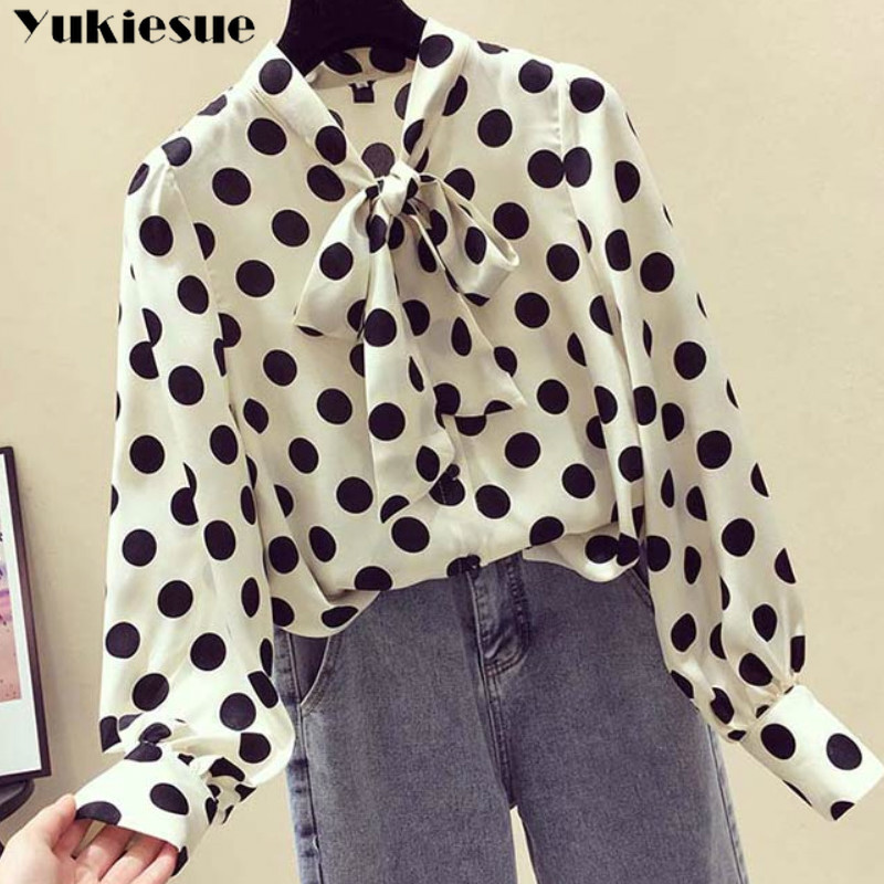 summer long sleeve dot print women's shirt blouse for women blusas womens tops and blouses chiffon shirts ladie's top plus size 210308