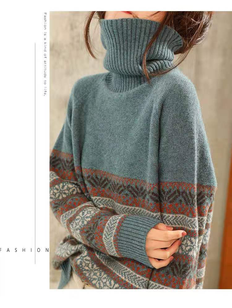 New High-neck Sweater Women Thick Loose Lazy Jacquard Bottoming Shirt Winter Pull-up Pile Collar Sweater Women 210218