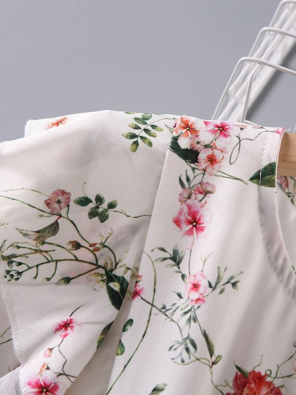 Girls Floral Print Ruffle Trim Belted Dress SHE