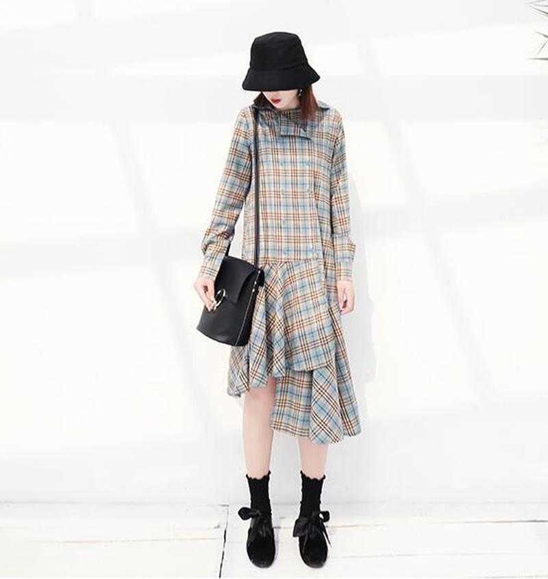 Korea Style Fashion Plaid Dress Spring Autumn Arrival O Neck Long Sleeve Casual Asymmetrical for Women 210615Z