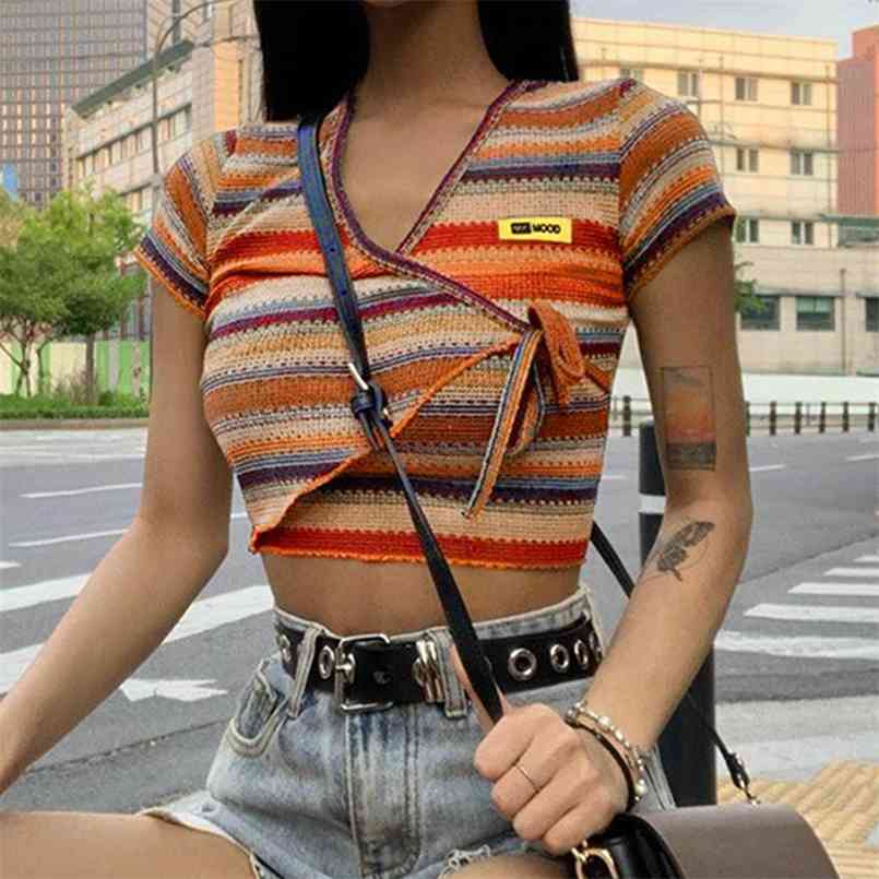 

Multicolor Stripe Crop Top Women Short Sleeve V-Neck Irregular Criss Cross Bandage Fashion Summer Casual Cropped Shirt 210708, Blue