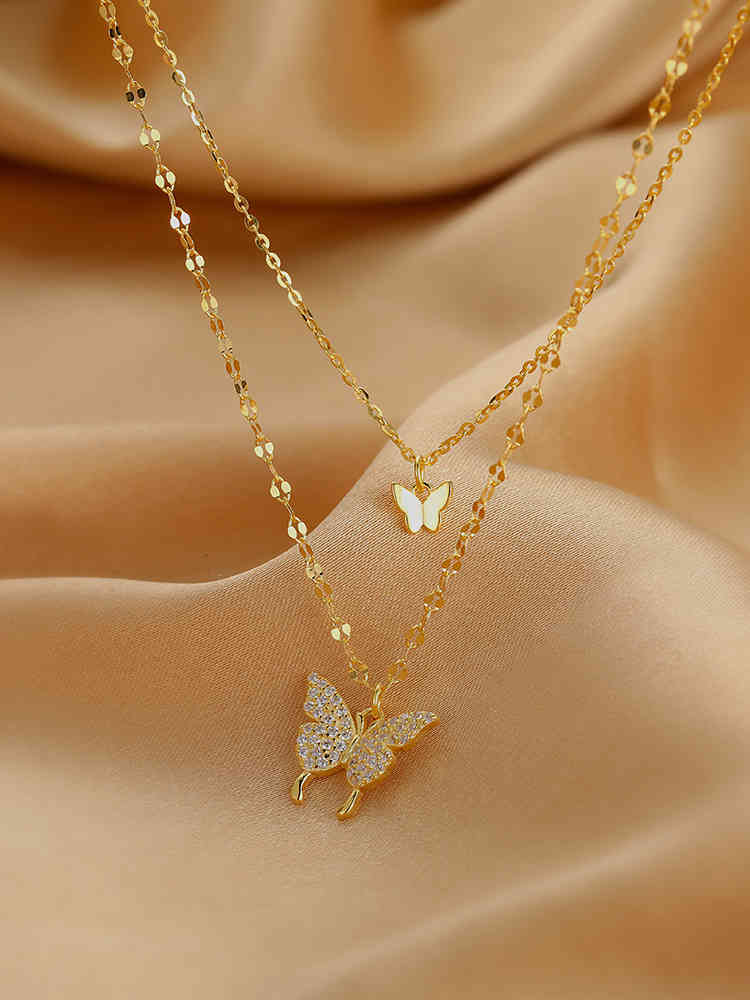 925 Silver Diamond Butterfly Double Layer Necklace Women's Simple Design Sense of Versatile Temperament Net Red Cold Wind Clavicle Chain
