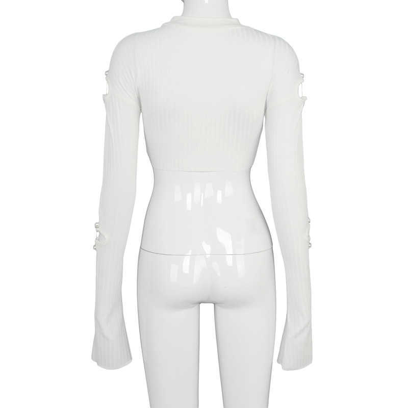 Colysmo Woman Long Sleeve Crop Tops Chic Cut out Flare Bead Bodycorn Tshirts Fall Women Casual Clothing 210527
