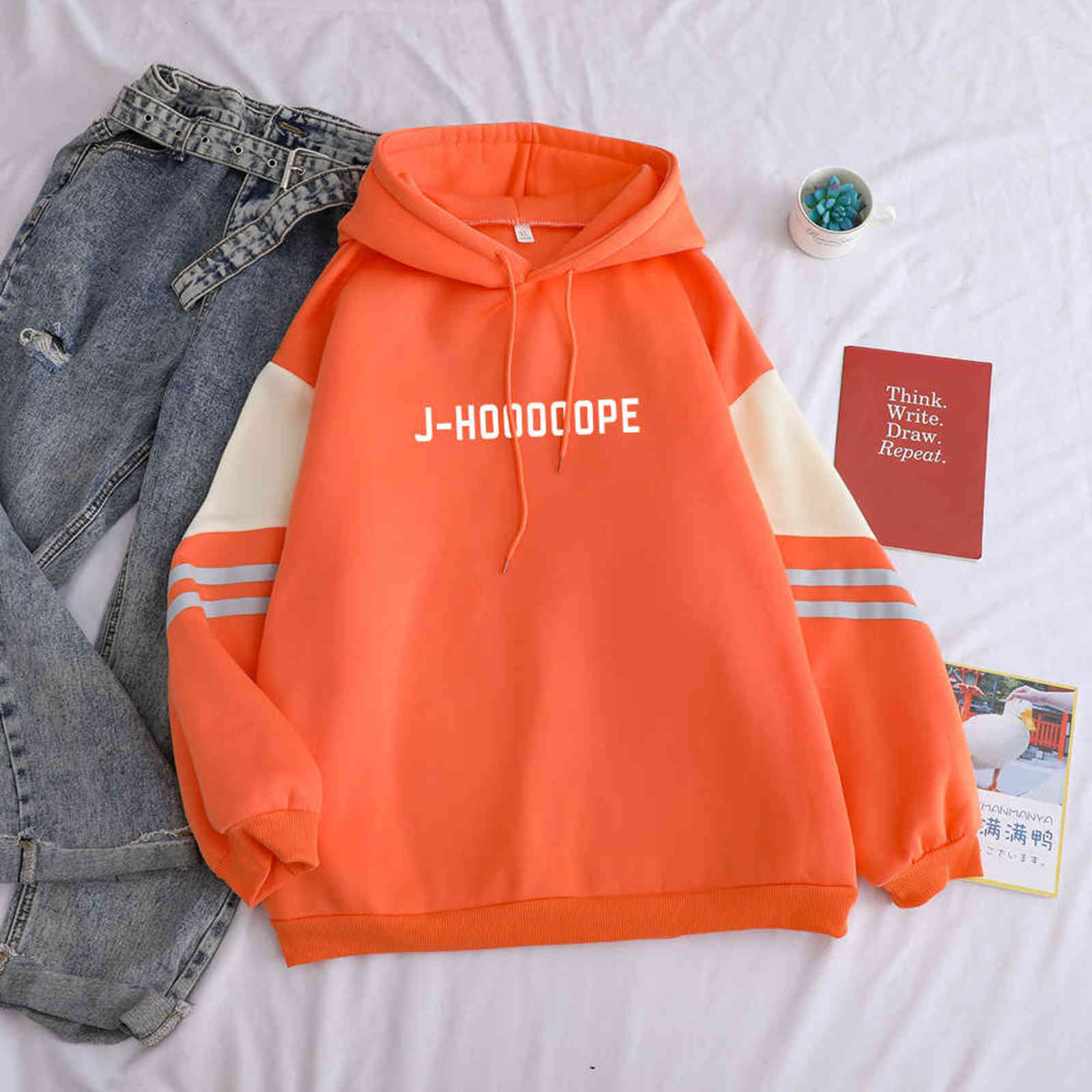 Bangtan Boy Kpop Hoodies Casual Letters J-HOOOOOPE Printed Women Winter Fleece Sweatshirt Hoody Hit Color Patchwork Pullover 211109