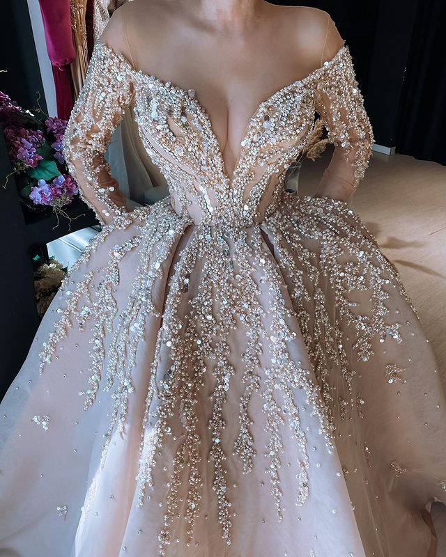 2022 Plus Size Arabic Aso Ebi Luxurious Pearls Sexy Prom Dresses Sheer Neck Long Sleeves Evening Formal Party Second Reception Gowns Dress ZJ111