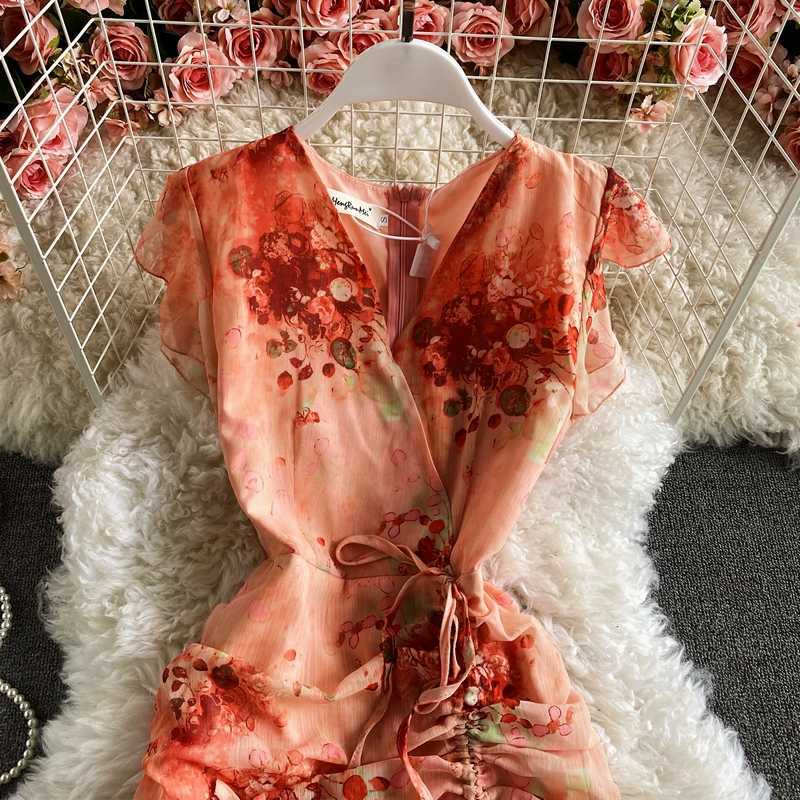 Vintage V-Neck Printed Chiffon Drawstring Mermaid Midi Dress Women Elegant High Waist Ruffle Vestidos Fashion Spring Summer 210630