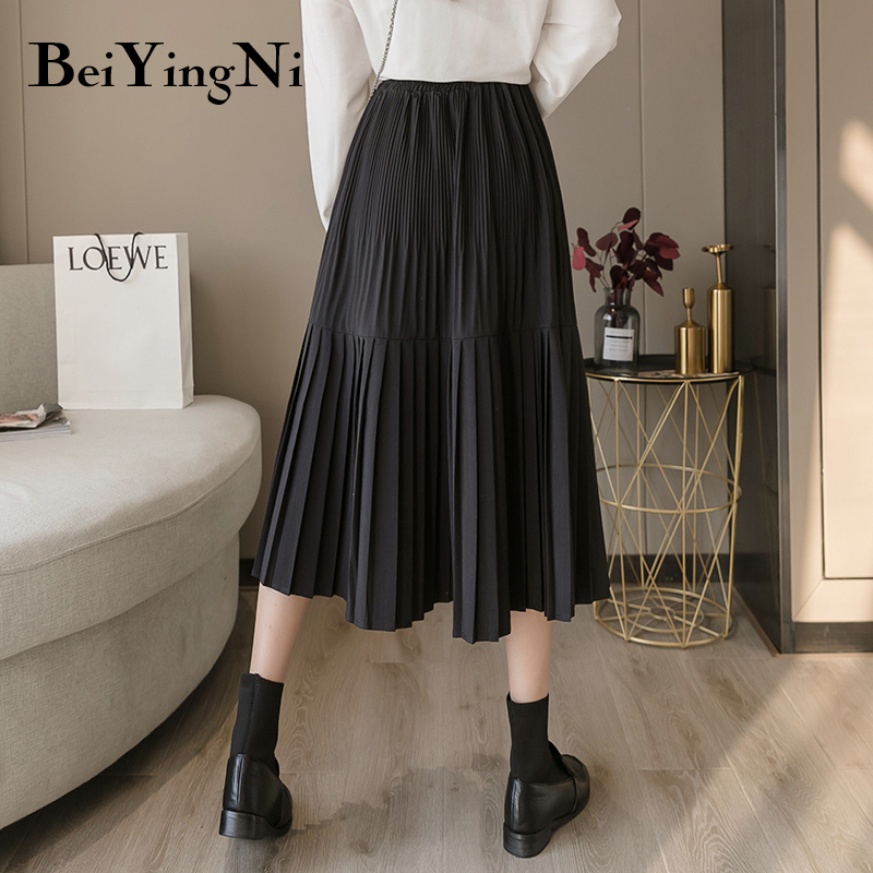 Beiyingni Vintage Pleated Midi Skirt for Woman Casual Elastic High Waist Solid Skirts Womens Harajuku Office Skirt Ladies 210309