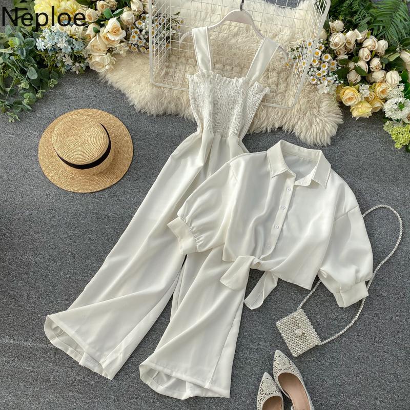 Women's Tracksuits Neploe Summer Holiday 2 Pcs Women Set Sexy Slim Waist Pleat Design Wide Leg Jumpsuit + Turn Down Collar Short Sleeve Shir