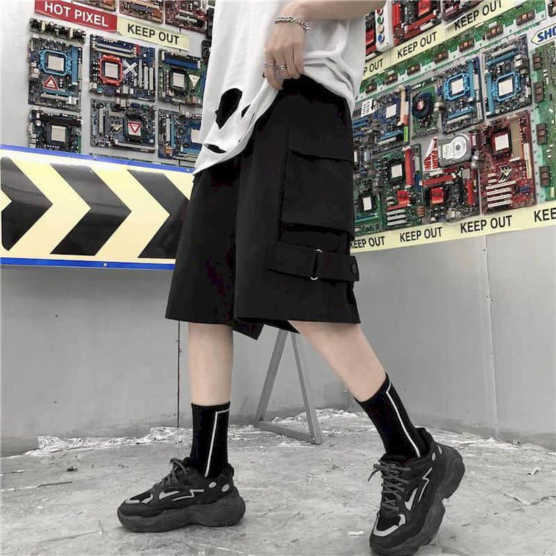 Men women's Cargo shorts Korean students loose summer wide leg casual short pants Retro punk style Streetwear unisex hip hop 210714