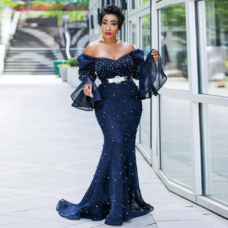 Mermaid Dark Navy Plus Size Prom Dresses Pearls Off The Shoulder Neckline Long Sleeves Evening Gowns Black Girl Sweep Train African Formal Dress