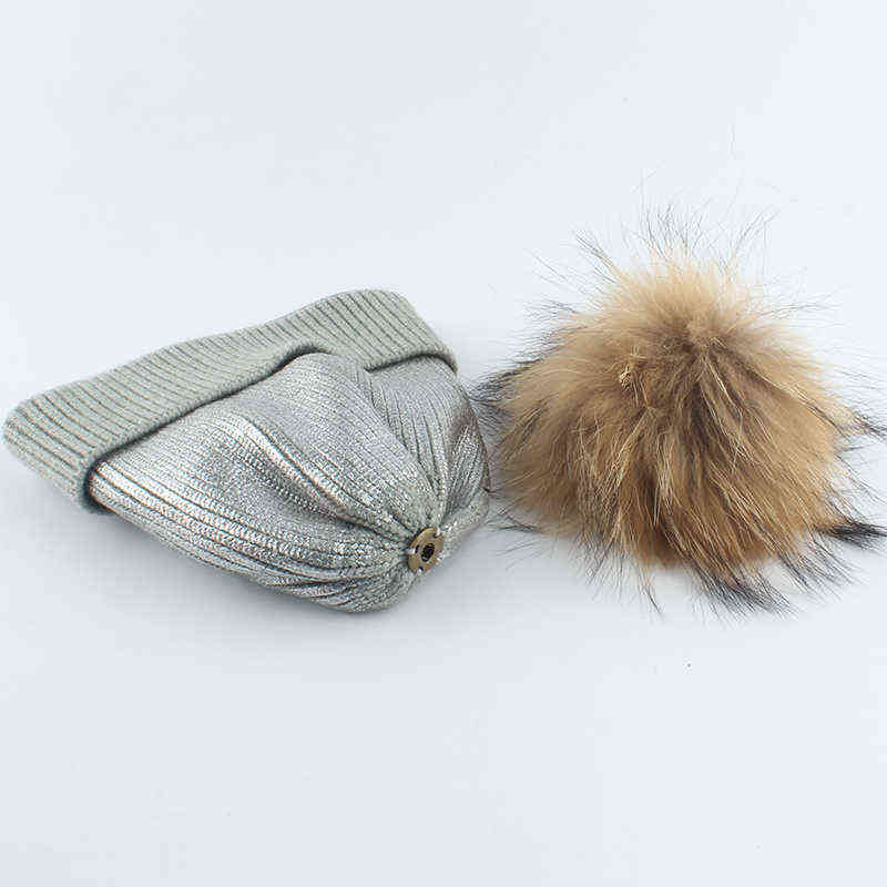 Wool Knitted Winter Hat For Kids Girls Boy Gold Silver Pink Black Metallic Print Beanie Real Fur Pompom 220105