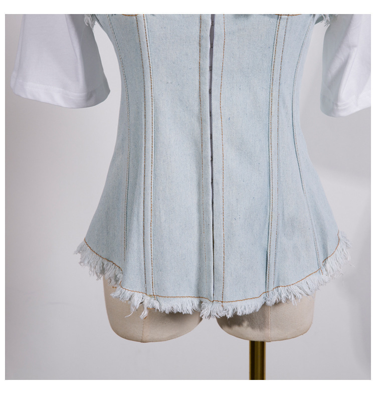 GetSpring Women T Shirt White Cotton Tshirt Corsets Denim Tee Shirts Spliced Short Sleeve Top Slim Women Tops Tee Tops T200110