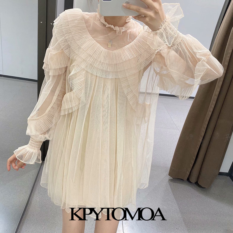 KPYTOMOA Women Fashion Pleated Ruffle Trims Tulle Mini Dress Vintage Long Sleeve With Lining Female Dresses Vestidos Mujer 210303