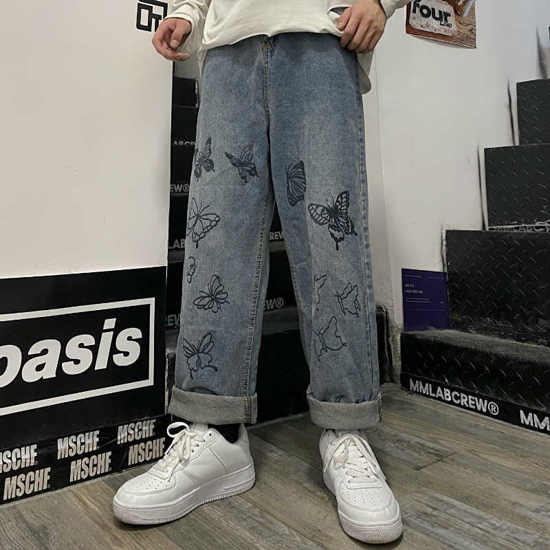 SHENGPALAE Summer Casual Jeans Woman Long Trousers Cowboy Female Loose Streetwear Butterfly Wide-leg Pants ZA4878 210809
