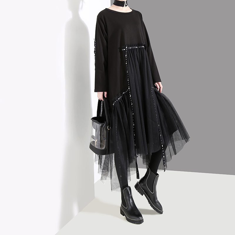 New Plus Size Woman Winter Solid Black Loose Dress Long Sleeve Mesh Overlay Tapes Ladies Casual Style Midi Dress Robe Femme 4564 210309
