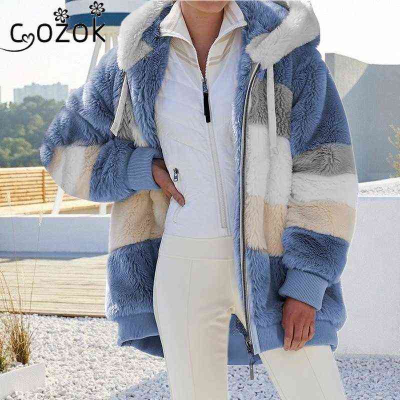 5XL Women Hooded Jacket Warm Plush Casual Loose Hooded Coat Mixed Color Patchwork Winter Outwear Zipper Ladies Coat 220112