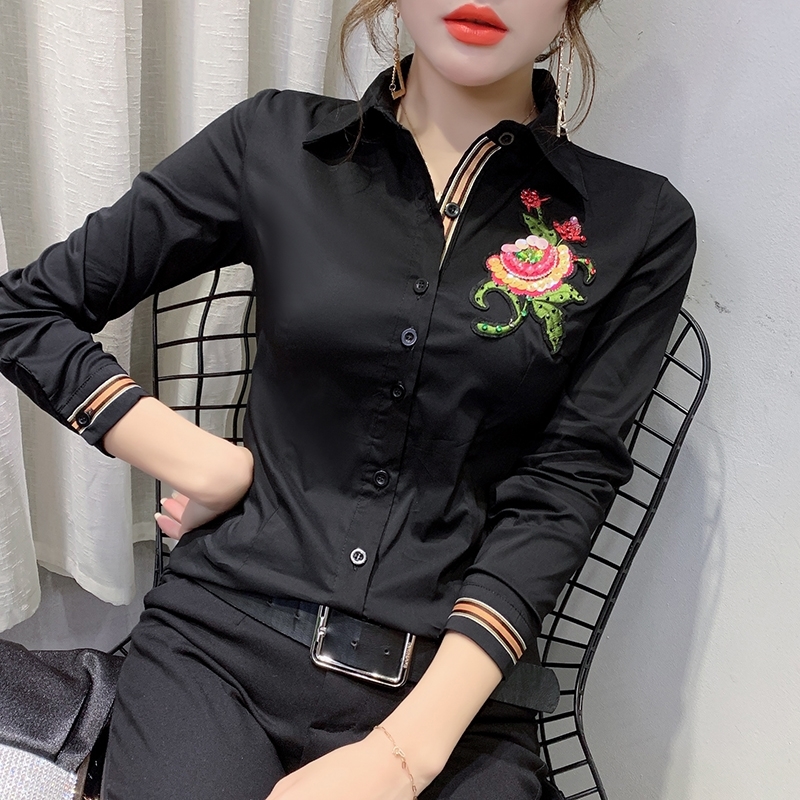 New Summer Korean Clothes Embroidery Flower Blouse Womon Beading Diamonds Woven Nylon Shirt Women Long Sleeve Tops T02503 210225