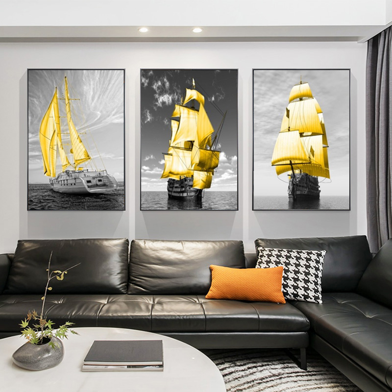 Golden Retro Seaside Scenery Poster Fish Boat Nordic Seascape Canvas Painting Wall Art Picture for Modern Home Interior Decor