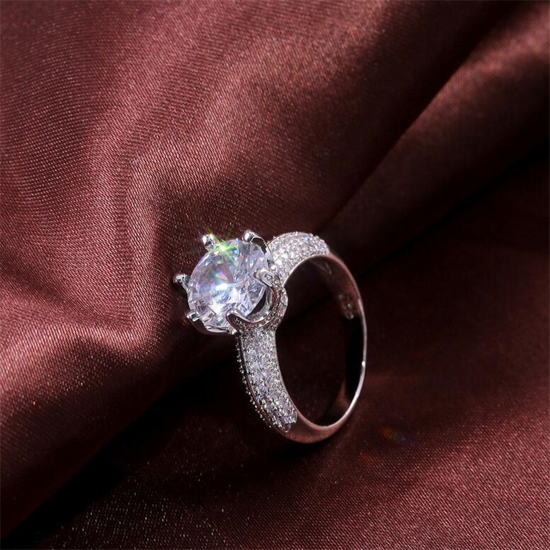 2021 New Arrival Classical Six Claw Fashion Jewelry 925 Sterling Silver Round Cut White Topaz Pave CZ Diamond Eternity Women Wedding Ring
