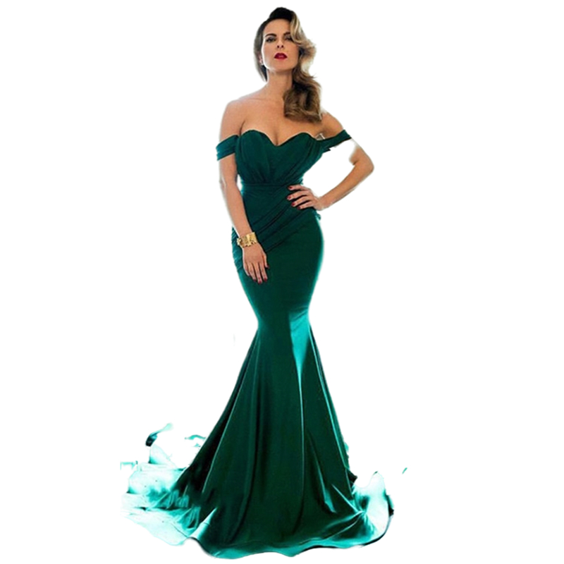Simple Emerald Green Satin Evening Dresses Off The Shoulder Mermaid Celebrity Party Gowns Sweetherat Pleats Court Train Special Occasin Dress Plus Siz