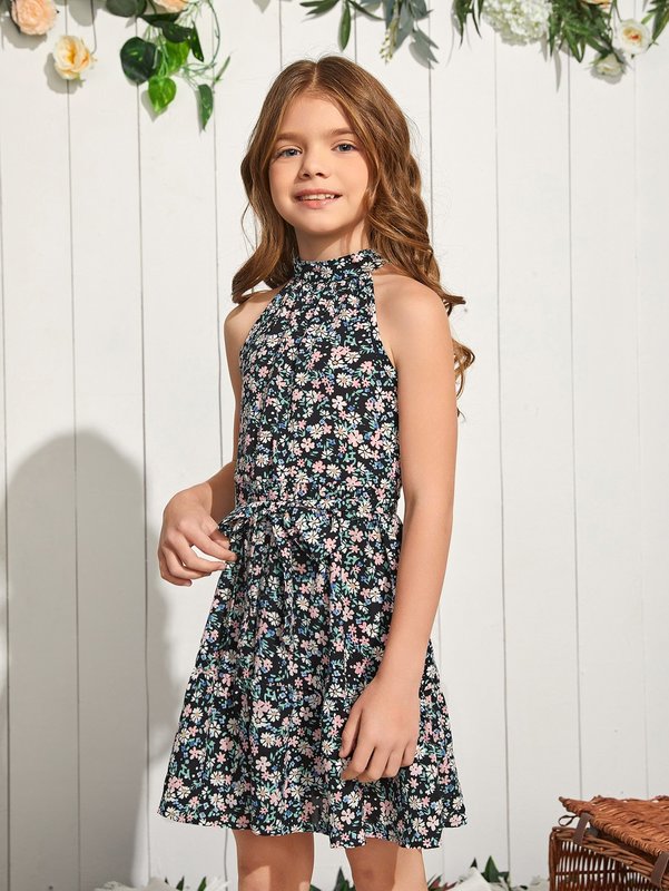 Girls Floral Print Belted Dress SHE01