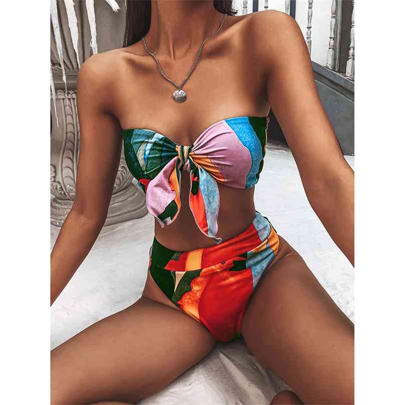 Sexy Knot Bandeau Bikini Swimsuit Women Swimwear Female High Waist Bikinis Set Swimming for Bathing Suit Woman 210611
