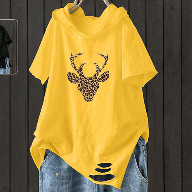 F&je New Fashion Summer Women T Shirt Plus Size Short Sleeve Loose Casual Hooded Tee Shirt Hole Cotton Femme Print Tops D32 210302