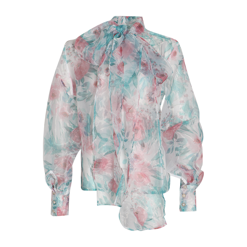 TWOTWINSTYLE Bohemian Print Women's Shirts Stand Collar Lantern Long Sleeve Lace Up Female Shirt Blouse Female Fashion 210308