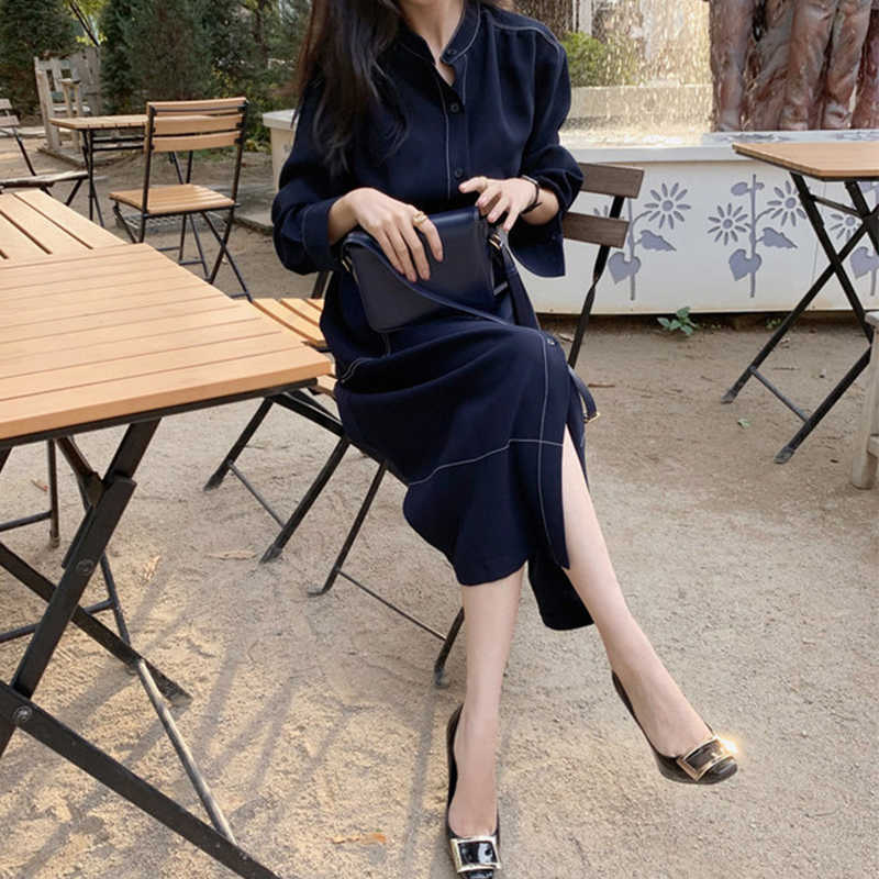 LY VAREY LIN Spring Women Single Breasted Long Sleeve Dress Elegant Office Ladies Stand Collar Solid with Belt 210526