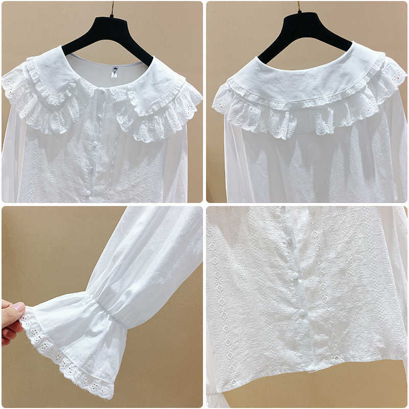 Solid Sweet Top Peter Pan Collar Flare Sleeve Blouse Women Single Breasted Full Shirt 210615