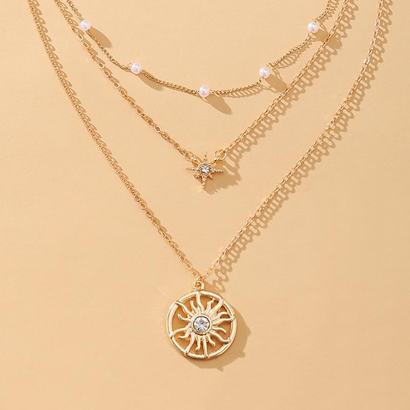 Chains Vintage Sinulation Pearl Geometric Sun Pendant Choker Necklace Jewelry For Women Fashion Gold Color Chain Jewellery Bijoux Femme