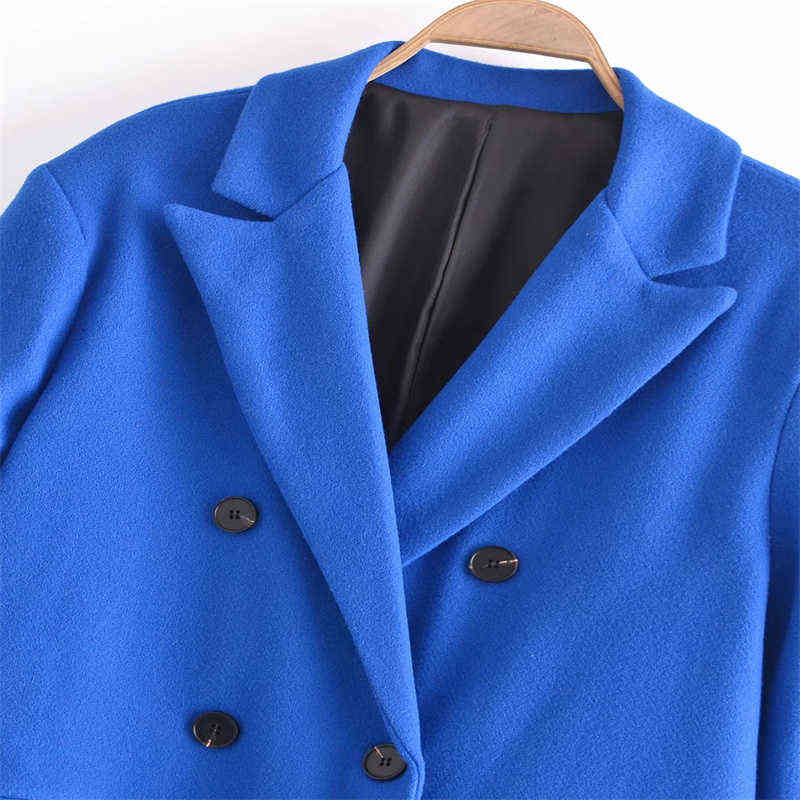 ZA Women's Blue Trend Woolen Coat Autumn/Winter Fashion High Street Double-Breasted Lapel Mid-Length Loose Jacket 211130