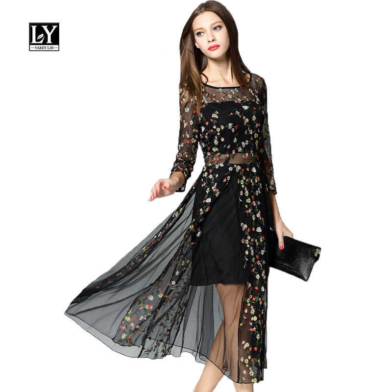 Ly Varey Lin Spring Women Tulle Lace Dress Sexy Hollow Out Embroidery Plus Size 4xl O Neck Elegant Floral 210526