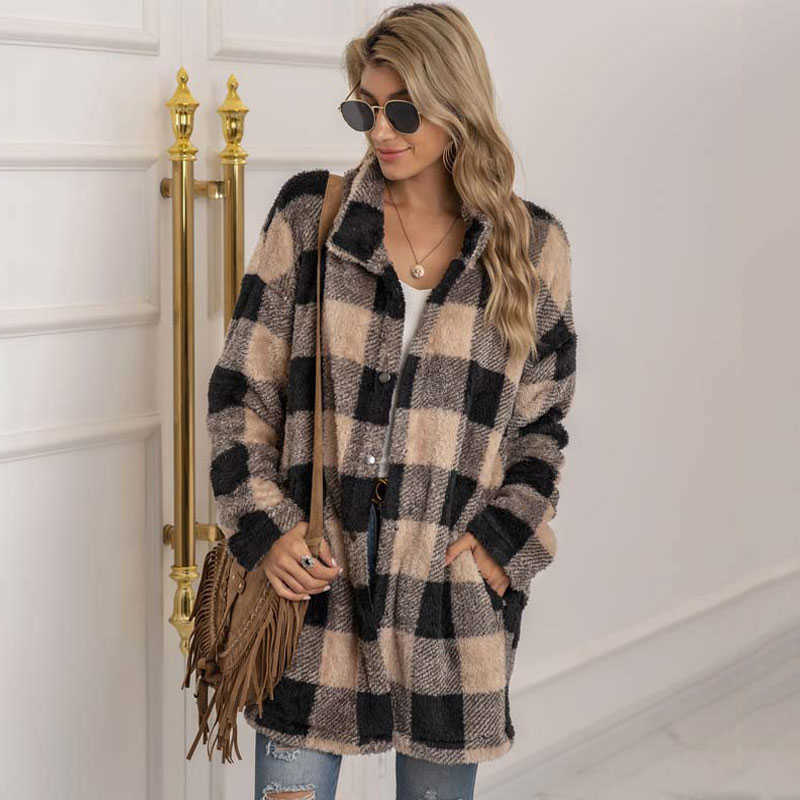 Autumn Long Faux Fur Coat Women Plaid Jacket Winter Coat Women Long Sleeve Fluffy Teddy Jacket Ladies Warm Plush Jacket Female 211019