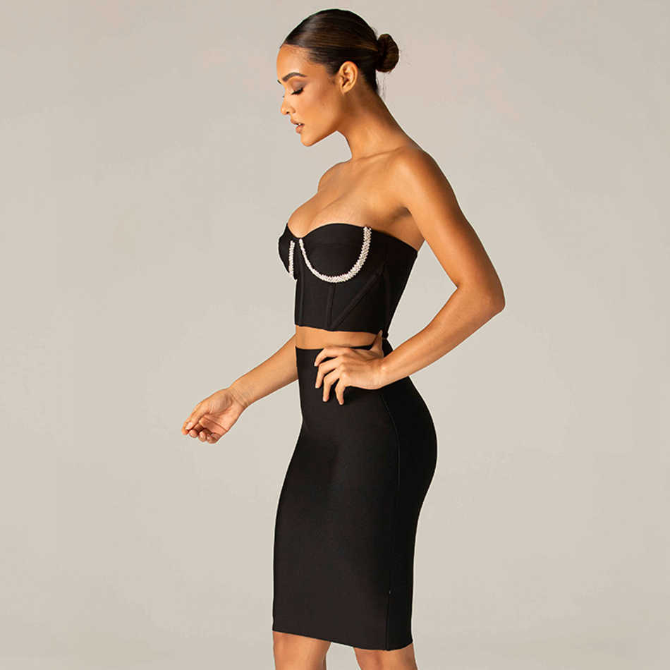 Summer Ladies Black Crystal Tight Bandage Suit 2 Two-Piece Sexy Sleeveless Strapless Top Celebrity Party Set 210525