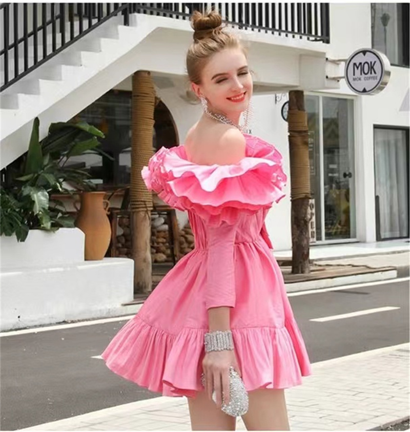 Princess Rose Red Cocktail Evening Dresses Off Shoulder Long Sleeves Mini Above Knee Length Ruffles Party Gowns Women Prom Dress Bow Graceful Robe De 