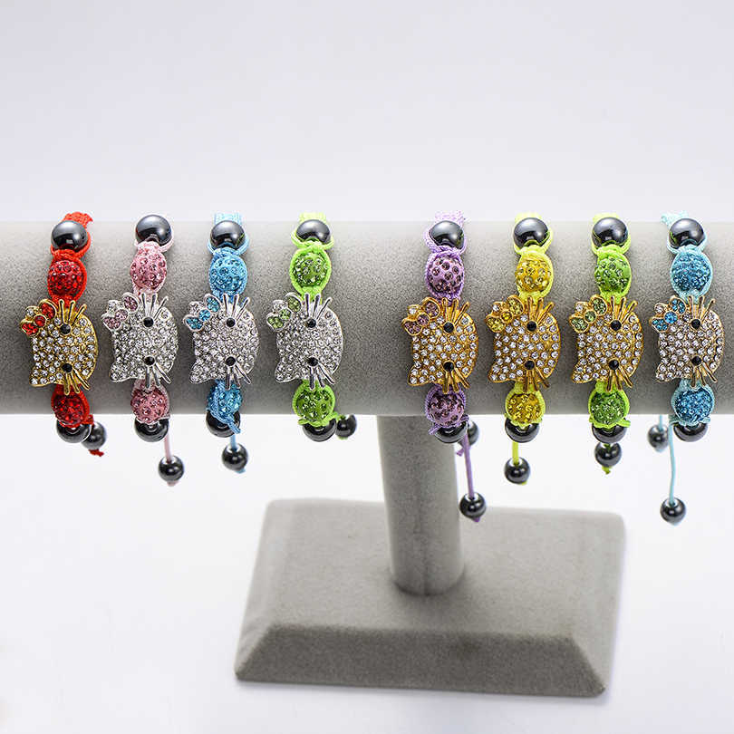 Handmade Cute Children Silver Cat Kids Girls Boys Crystal Beads Connected Braid Charm Bracelets Jewelry 20 Pcs Mix Wholesale