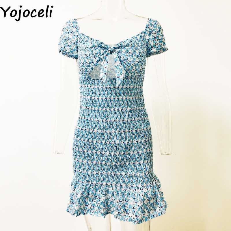 Yojoceli chic green floral print dres shirred bodycon mini boho beach ruffle 210609