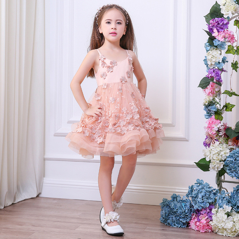 2021 Pink Florals Lace Flower Girls Dresses for Weddings Jewel Neck Princess Satin High Low Little Girls Pageant Dresses Princess Gown