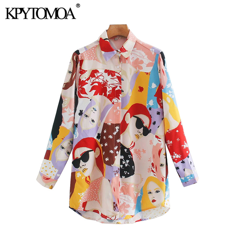 KPYTOMOA Women Fashion Character Print Loose Blouses Vintage Long Sleeve Button-up Female Shirts Chic Tops 210225