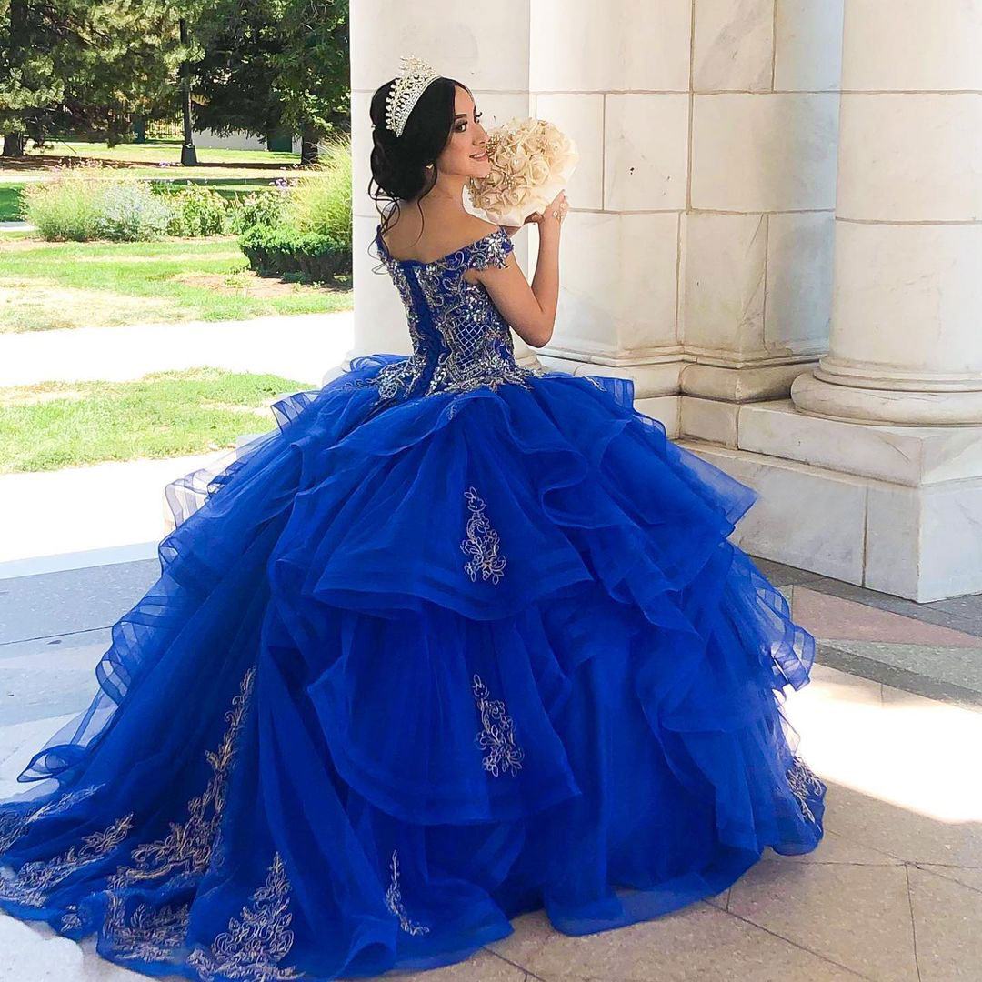 Beaded Blue Ball Gown Quinceanera Dresses Sequined Off The Shoulder Prom Gowns Tiered Sweep Train Tulle Sweet Masquerade Dress