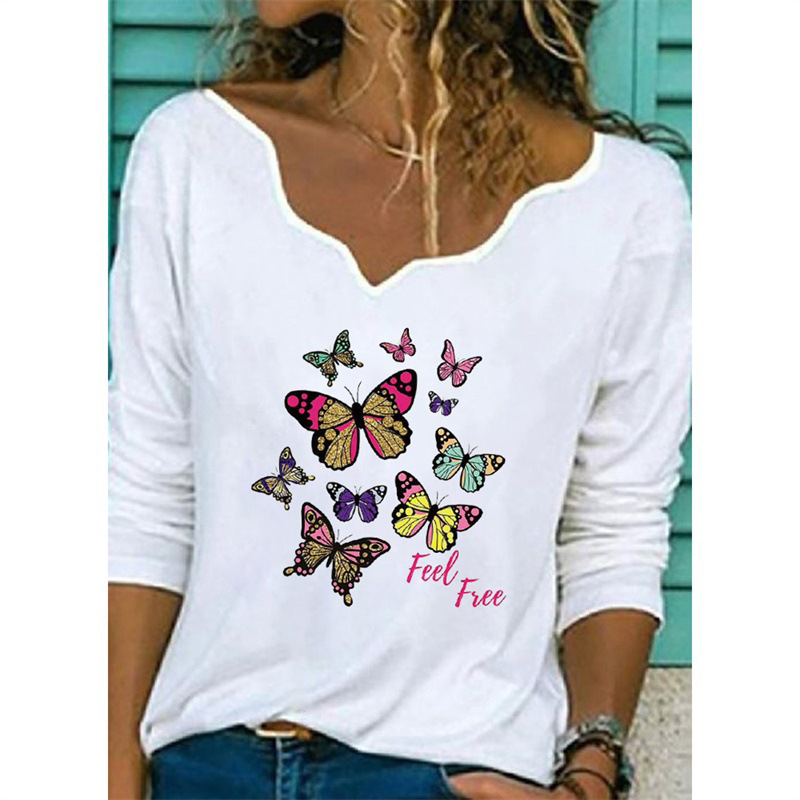 Elegant V Neck Long Sleeve T-Shirt Woman Dandelion Print Casual Shirts Fashion New Style Streetwear Women Tops Pullover 210302