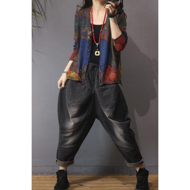 Spring New Arts Style Women Vintage Print Knitted Cardigans All-matched Casual Single Breasted Cardigan Ladies Tops S674 210218