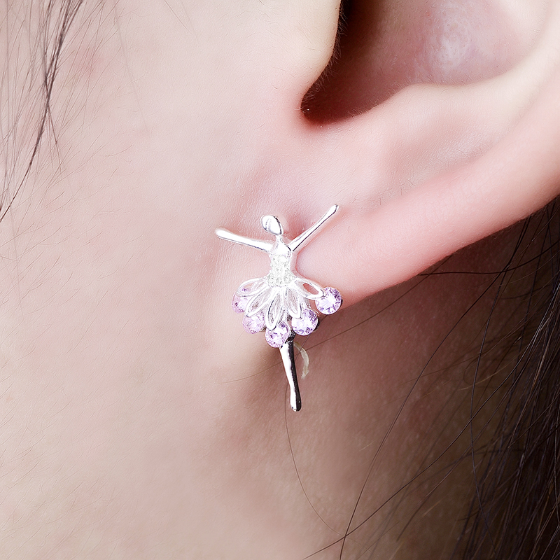 Authentic 925 Sterling Silver Pink CZ Dancing Girl Stud Earrings for Women Girls Fine Jewelry Gift Moda Bijoux