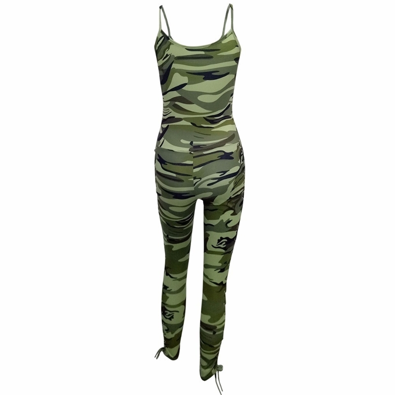 Straps Camouflage Print Side Lace UP Skinny Jumpsuits Overalls Summer Women Fashion Casual Bodycon Bandage Sexy Rompers T200509