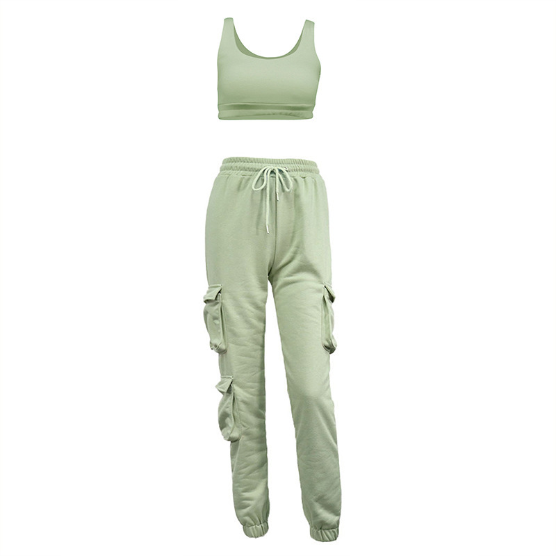 Women Tracksuit Sexy Crop Tops Sweatpants Casual Tank Tops Pocket Pants Pullover Elastic Trousers Sportwear Streetwear Outfits 210304