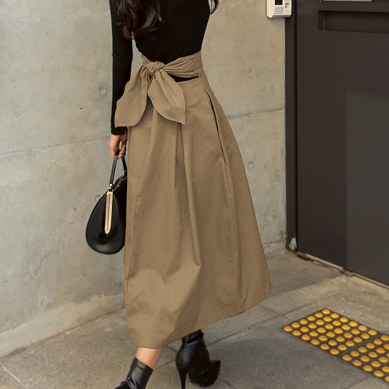 shintimes Skirts Womens Korean Fashion Solid Color Big Swing Ladies Skirt Long Skirt Autumn Wild High Waist Bow Slim Skirts 210309
