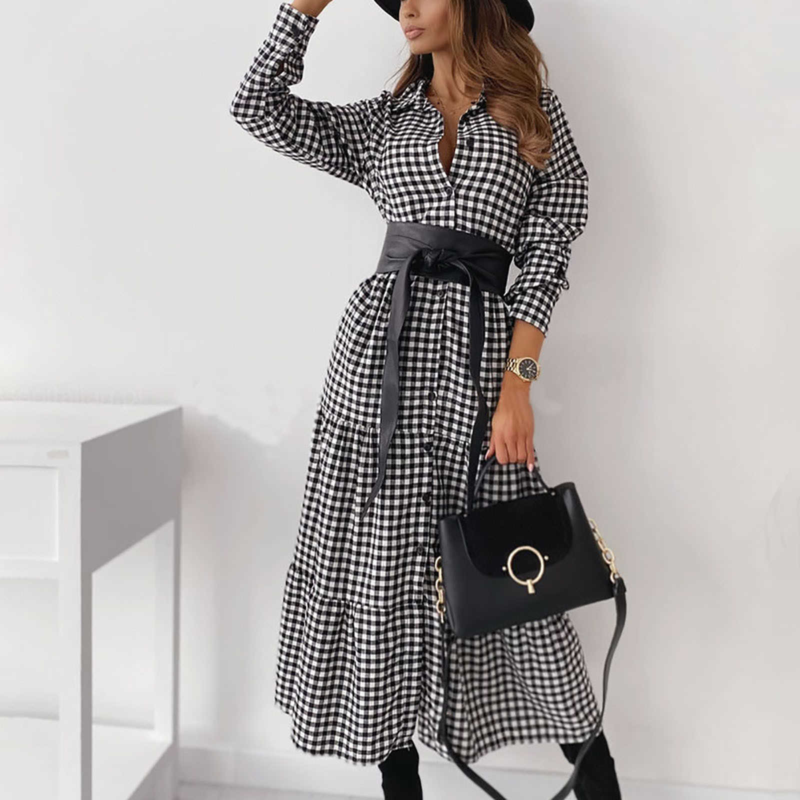 Women's Casual Sundress Spring Lapel Shirt Dress Long Sleeve Mid-Claf Vestidos Female Button Robe Belted Plaid Turn-down Collar 210630