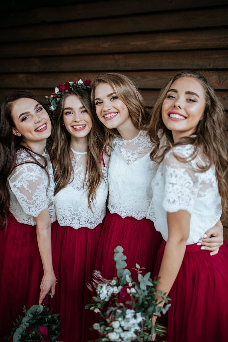 Burgundy Bridesmaids Dress Separates Waterfall Tulle Skirt and Belle Lace Two Picec Plus Sizes Long prom Evening Dresses