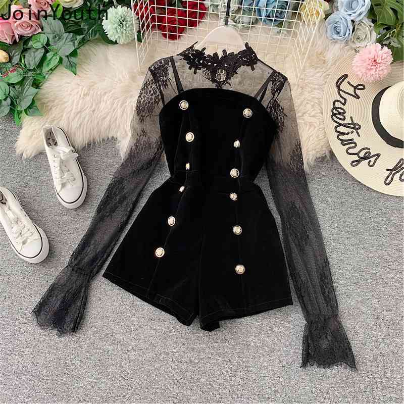 Joinyouth Two Piece Outfits Lace Tulle Pullover Flare Sleeve Shorts Gold Velvet Button Solid Fashion Clothes Female 231 210707